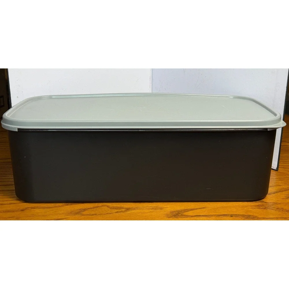 Tupperware Memory Mates: Black Rectangular Container, Gray Lid, Divider Rack